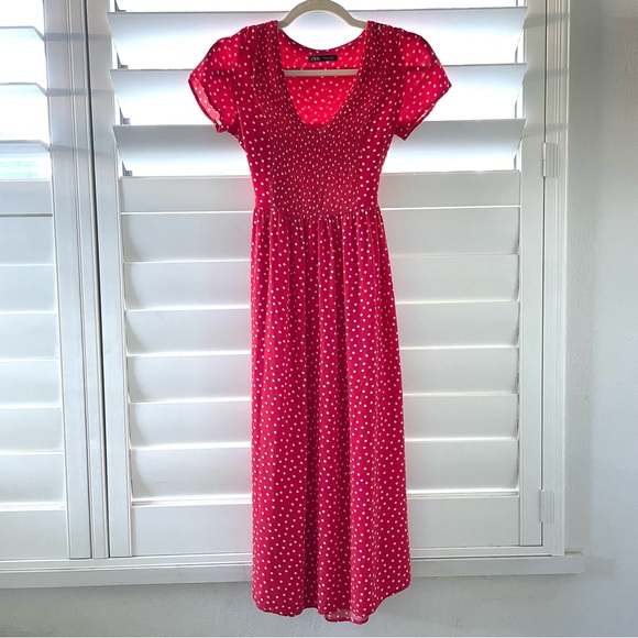 ZARA | Red & White Polka Dot Midi V-Neck Dress | Size XS - Picture 3 of 6